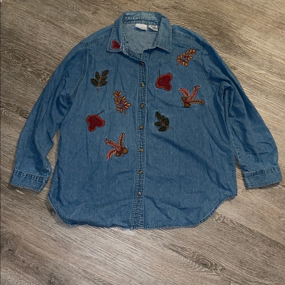 Bobbie brooks Embroidered LS Denim Shirt Fall Autumn Leaves 18W / 20W chambray